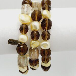 J Jill 3 Beaded Stretch Bracelets Ivory Color Pearls & Topaz Color Glass Beads